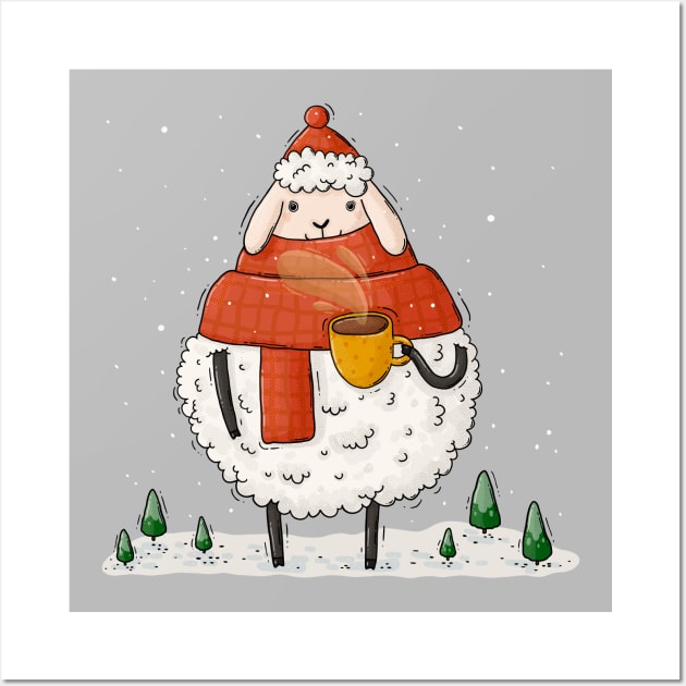 Cozy fluffy winter sheep with coffee Wall Art by Tania Tania